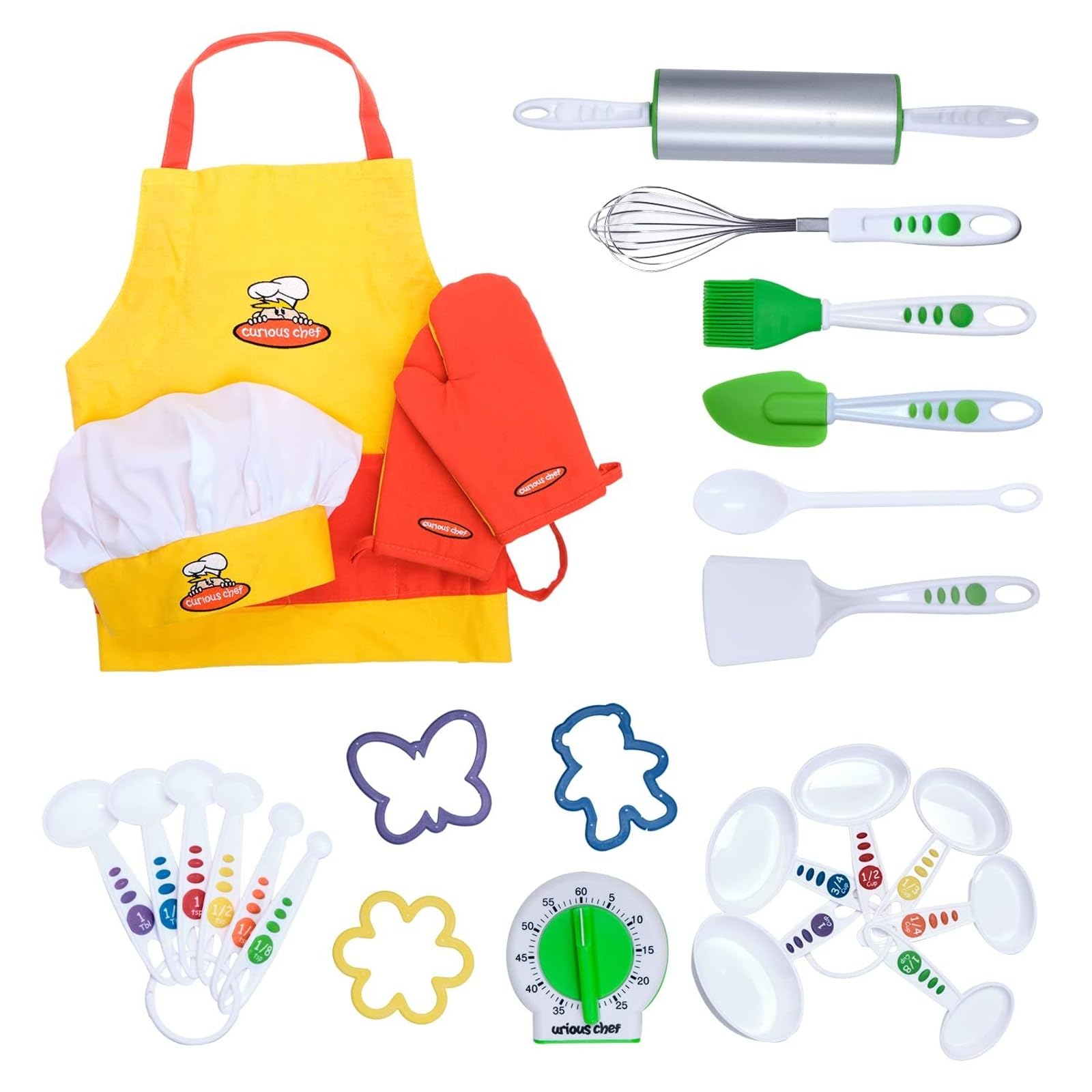 Curious Chef 27-Piece Plastic Kitchen Foundation Kit - Beginner Cooking Supplies for Kids - One Size Pink - Food-Safe Plastic & Dishwasher Safe - Rolling Pin, 3-Qt Mixing Bowl & Whisk - Baking Tools