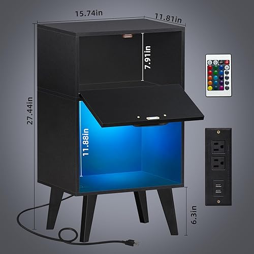 Miniatura 2 de Lerliuo Mesita de noche con estación de carga y luces LED, mesa auxiliar moderna con cajón y estante de almacenamiento abierto, mesita de noche con