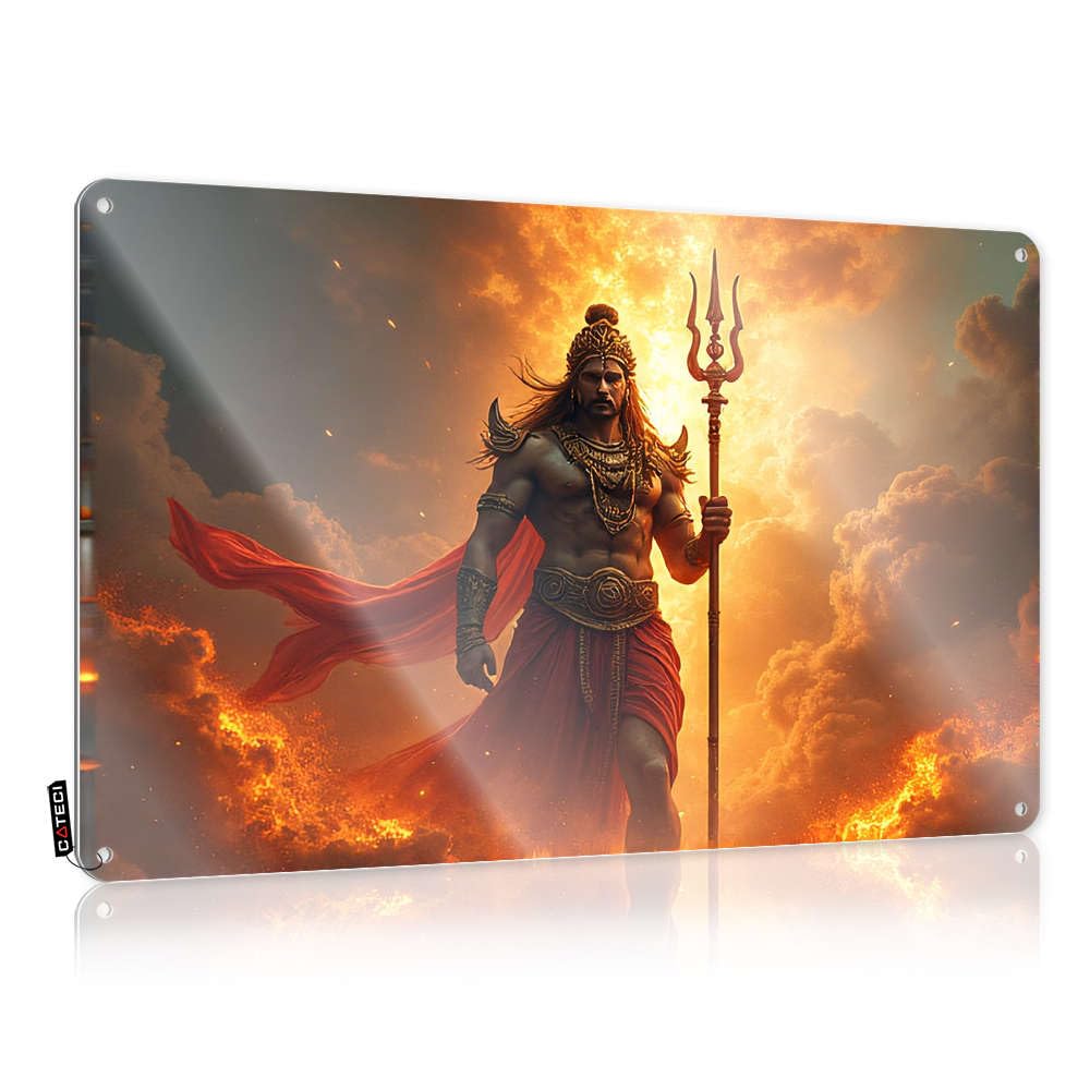 Fzfn Colour A Warrior With A Trident Stands Amidst Fiery Clouds Must Man Cave Hanging | Decorative Decoration Haves Vintage Metal Wall Decor(20X30cm)