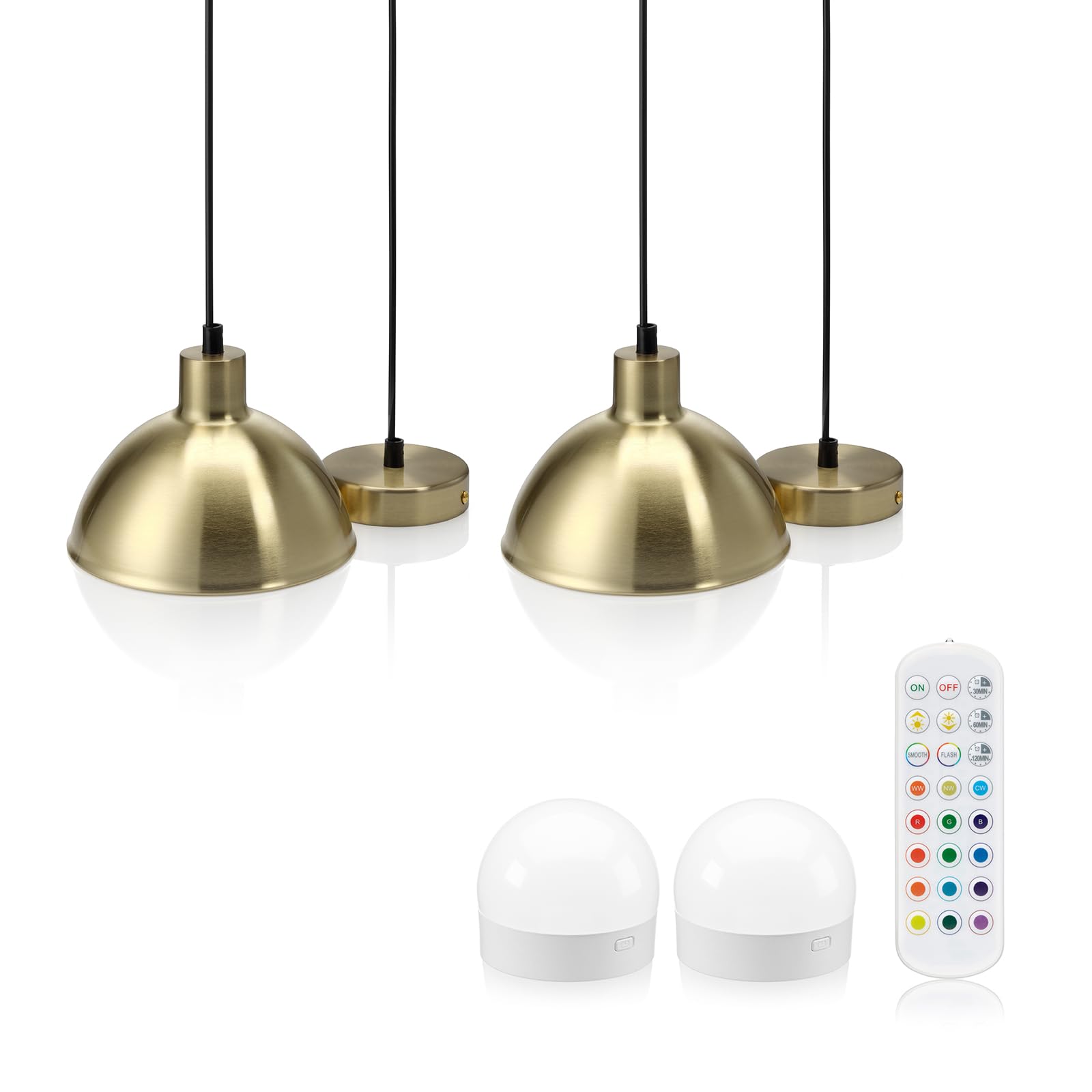 Auraglow Rechargeable Wireless Pendant Light with Remote – Cordless, Battery-Powered, Dimmable, Colour-Changing (Brass, 2 Lamps, 2 Light Sources, 1 Remote)