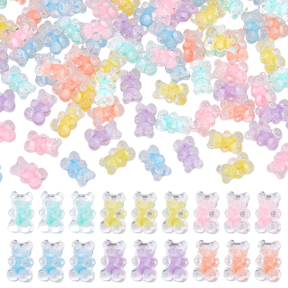 NBEADS 150Pcs Acrylic Bear Beads, 6 Colors Transparent Gummy Bear Beads Bulk for Bracelet Necklace Earring Jewelry Making, 1.8x1.15x0.85cm