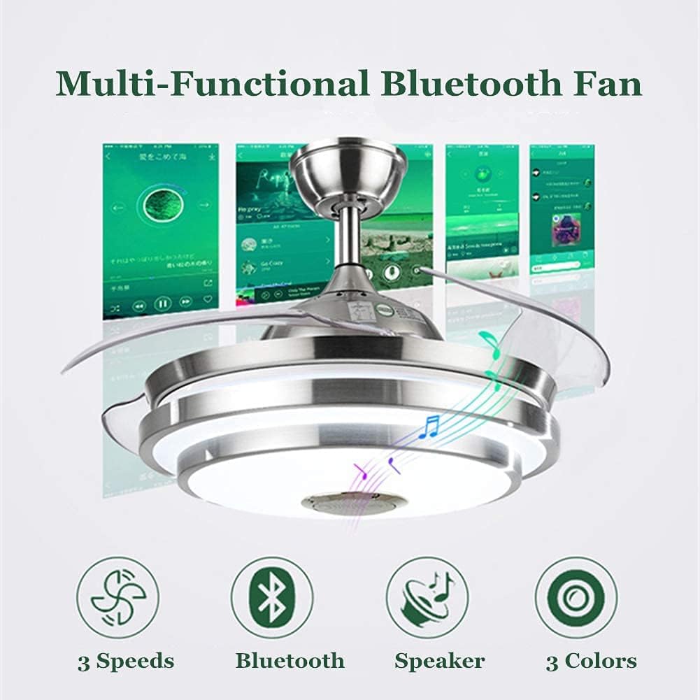 42'' Modern Ceiling Fan with Light Bluetooth Music Player Ceiling Fans Remote 3 Color Changes Invisible Blades Chandelier, Silent Motor with LED Kits Included
