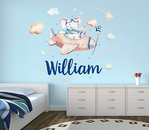 Miniatura 5 de Calcomanías de pared personalizadas con nombre de avión de elefante, para dormitorio de niños, calcomanías de pared de nubes de selva de aviones,
