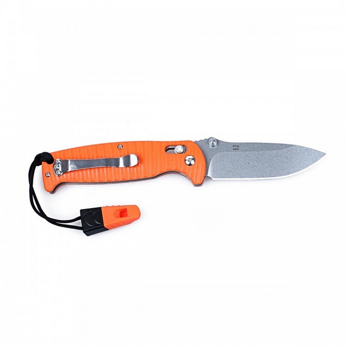 Ganzo G7412P-OR-WS Orange Folding Knife with Whistle Ribbed Handle G10 Grey Blade 440c Lock Axis