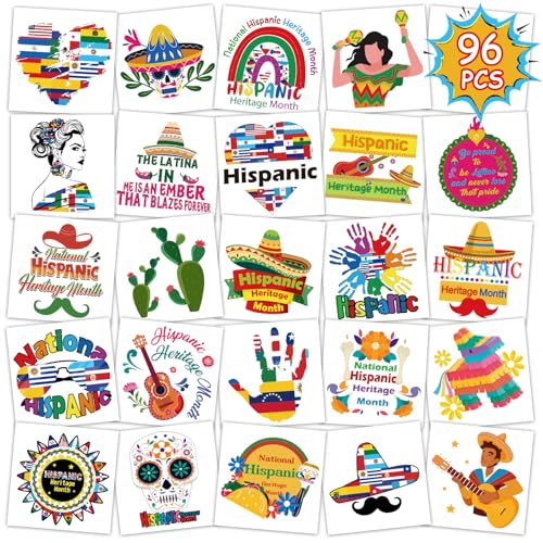 Konsait 96Pcs Hispanic Heritage Month Temporary Tattoos, Pre-Cut Hispanic Heritage Month Decorations Tattoos Stickers Party Supplies, Spanish Latino Heritage Month Party Decorations