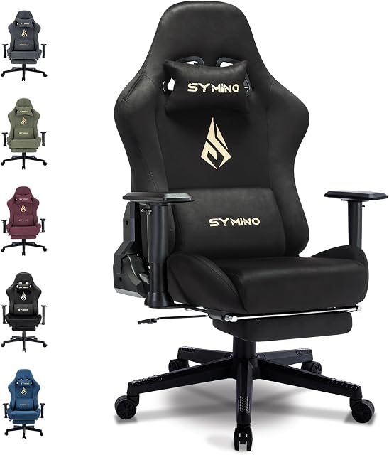 Symino Chaise de jeu, chaise d'ordinateur avec repose-pieds, appuie-tête et support Lombaire, ergonomique PC Chaise, Chaises tournantes réglables en hauteur, Noir
