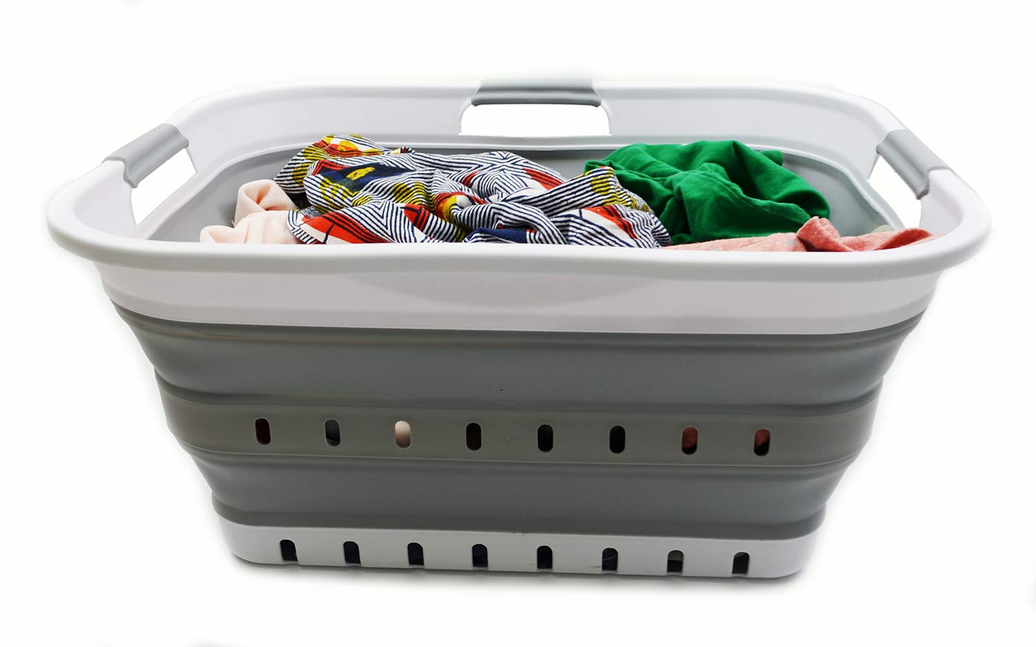 SAMMART 42L 2er-Set zusammenklappbarer Kunststoff-Wäschekorb-faltbarer Pop-Up-Aufbewahrungsbehälter/Organizer-tragbare Waschwanne-platzsparender Korb/Korb (2, Weiß/Grau)