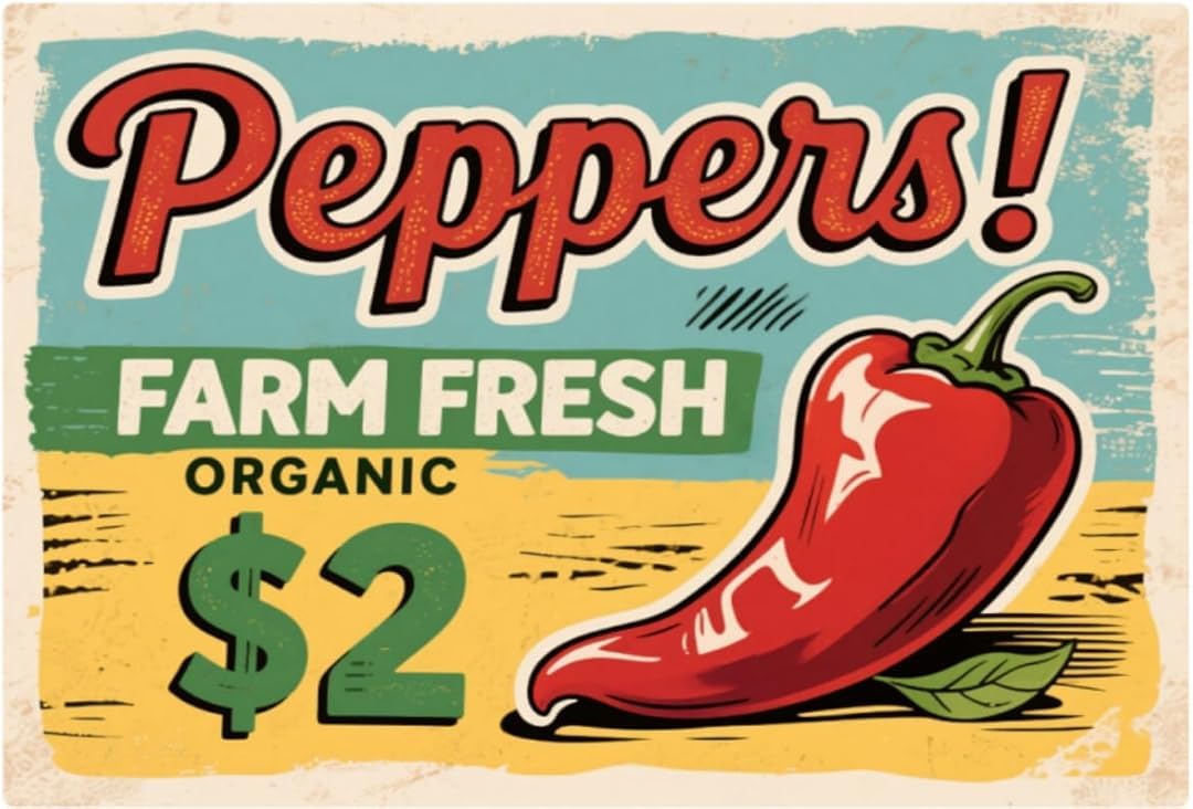 Peppers Farm Fresh Organic Vintage Retro Funny Wall Décor for Home Washroom Cafe Pub Bar Office Store 8x12 Inches