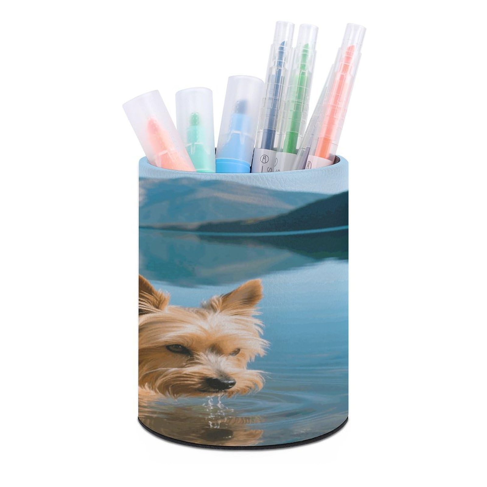 VstaDank Yorkshire Terrier by Lake Pen Holder Round Pencil Holder for Desk Organizer PU Leather Pencil Cup Makeup Brush Holders Modern Pen Cup Large Pen Organizer for Office Home Ideal Gift