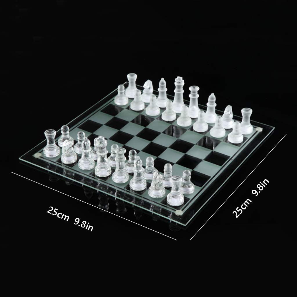 Schachbrett-Set aus Glas, klares, Elegantes Design, robuste Konstruktion, alle Funktionen, leicht zu transportieren.