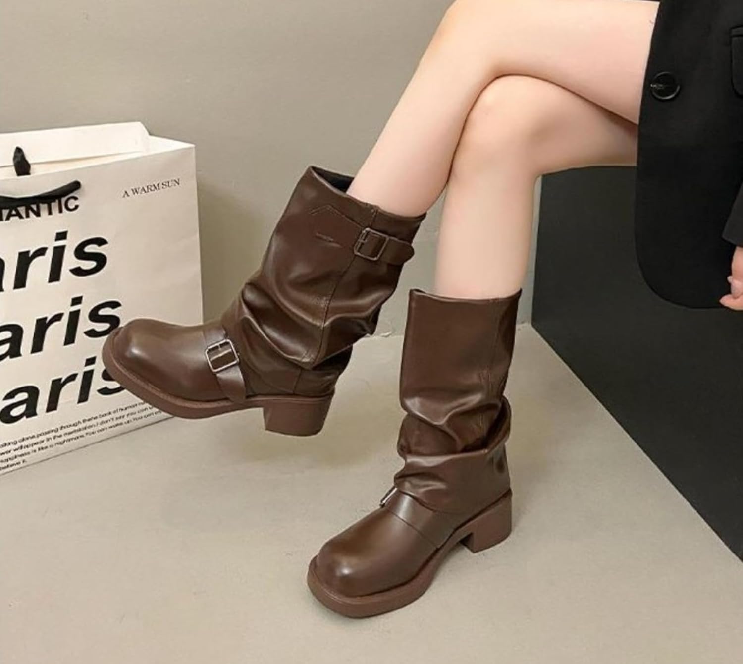 Winter Boots for Women French Vintage Western High Heeled Stacked Pleated Mid Calf