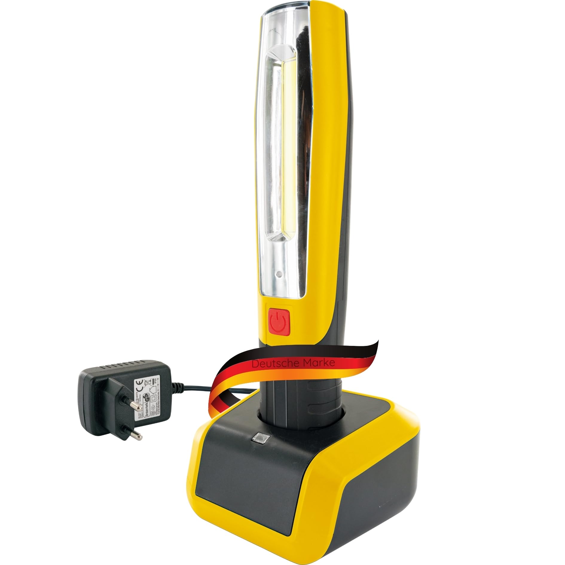 SCHWAIGER -FL1100 531- Lampa robocza | 2w1 | lampa wielofunkcyjna | LED | 3 W | światło główne i czołowe | ze stacją ładowania | uchwyt magnetyczny + rozkładany hak do zawieszania | czarny, żółty