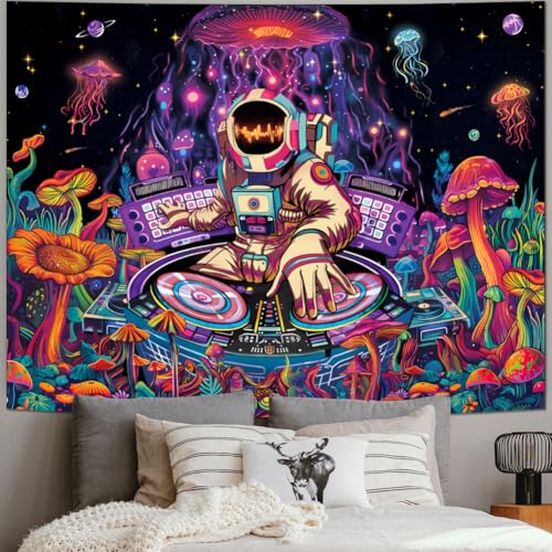 Image of Amhokhui Blacklight Astronaut Tapestry UV Reactive Funny DJ Music Tapestry Trippy Aesthetic Tapestry Galaxy Space Tapestry Flower Wall Hanging Decor for Home