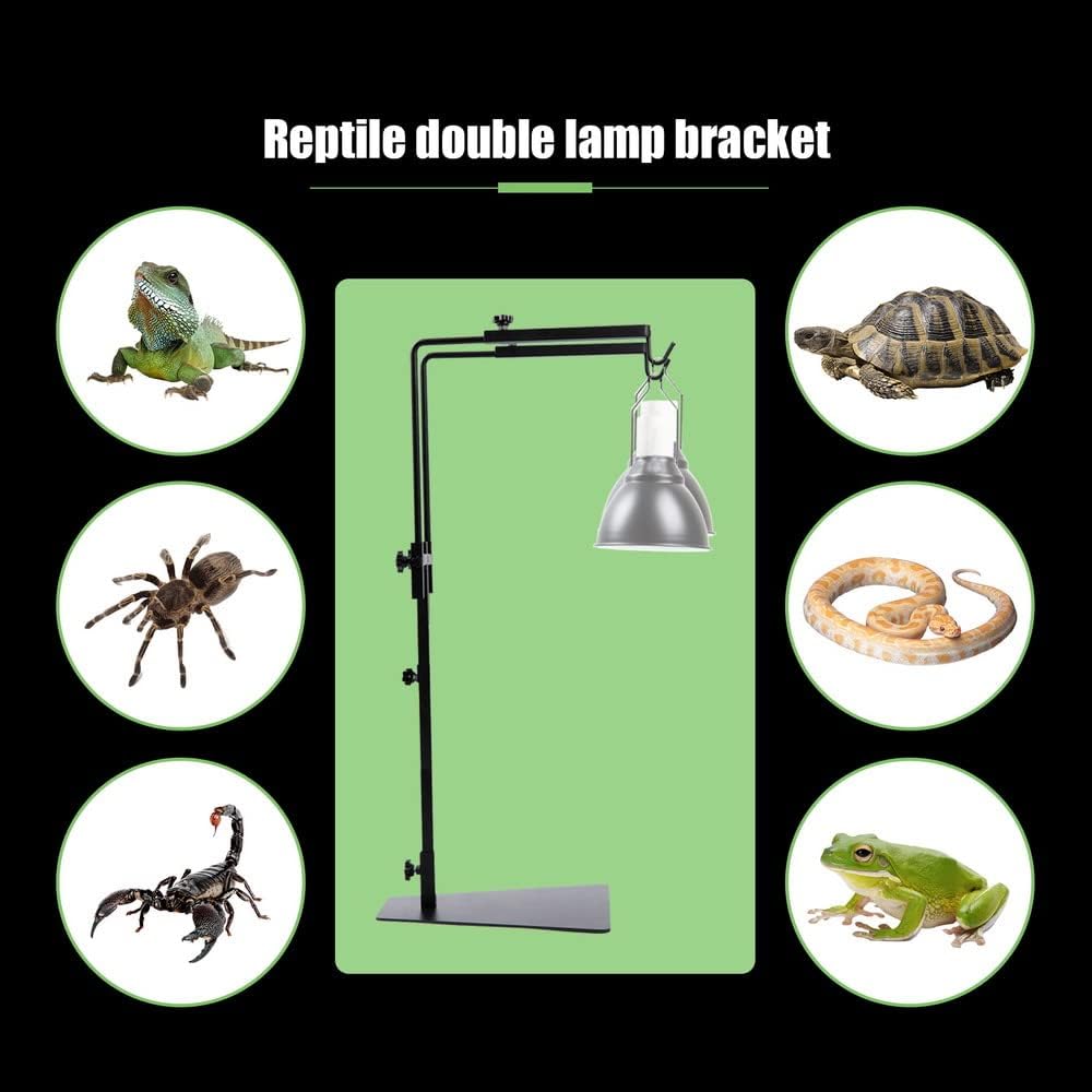 Reptile Heat Lamp Stand,Pet Lamp Holder, Adjustable Metal Floor Light Lamp Bracket Support for Reptile Small Animals or Succulent Plants Glass Terrarium(2 Hooks)