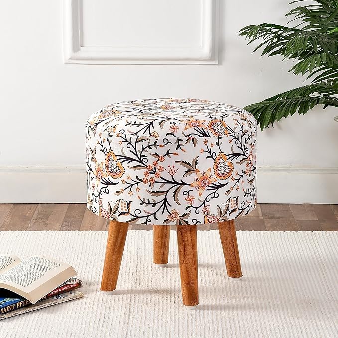 Image of NACIA Stylish Printed Ottoman Stool (16 X 17 Inch) | Soft Cushioned Top for Sitting & Footrest | Pouf Footstool with Puffy Foam & Wooden Legs | Modern Home Decor for Living Room White Leaf