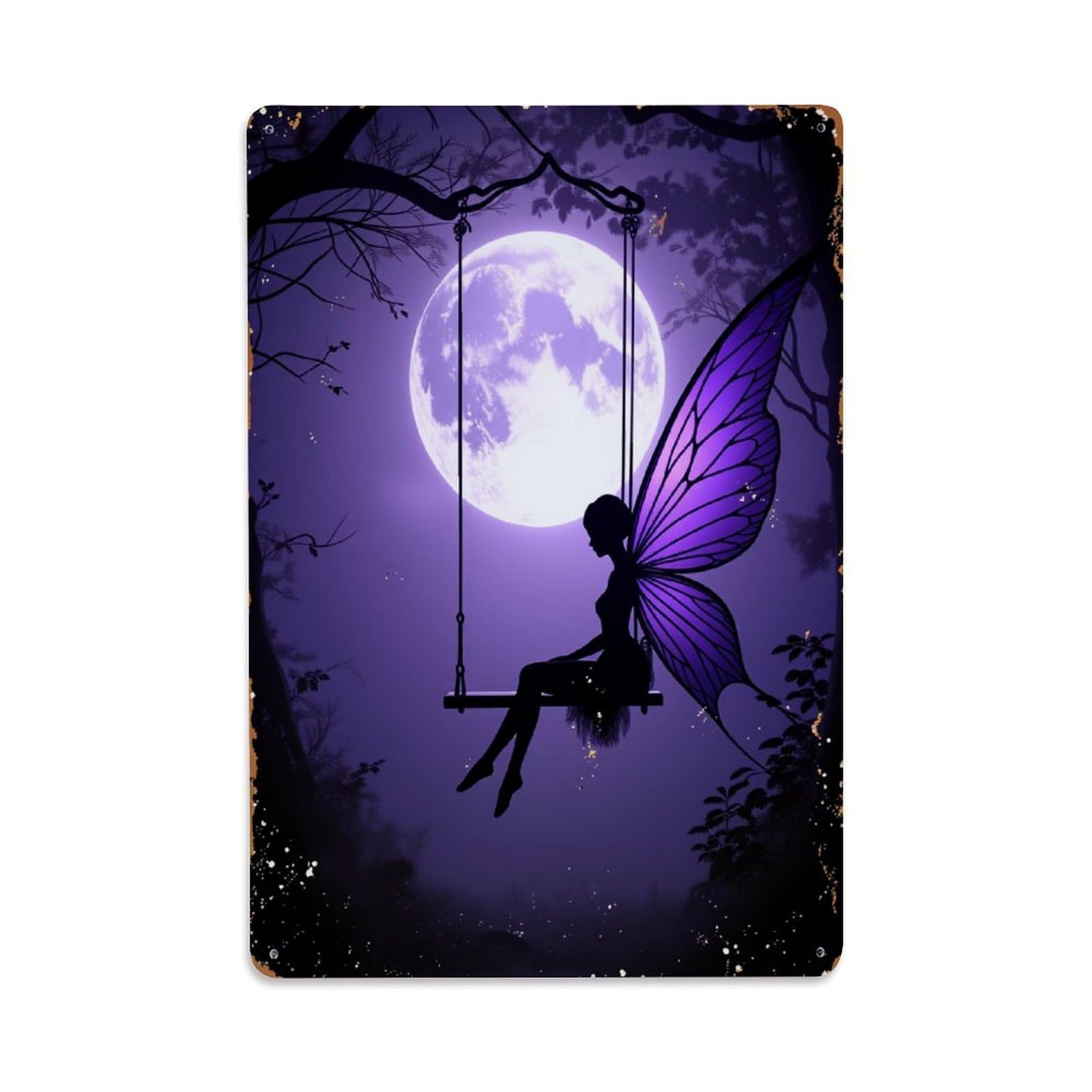 Moonlit Fairy Swing Silhouette Night Retro Metal Tin Sign, Vintage Decor Art Poster for Bar, Home, Man Cave, Kitchen, Laundry Room Gift 8x12Inch
