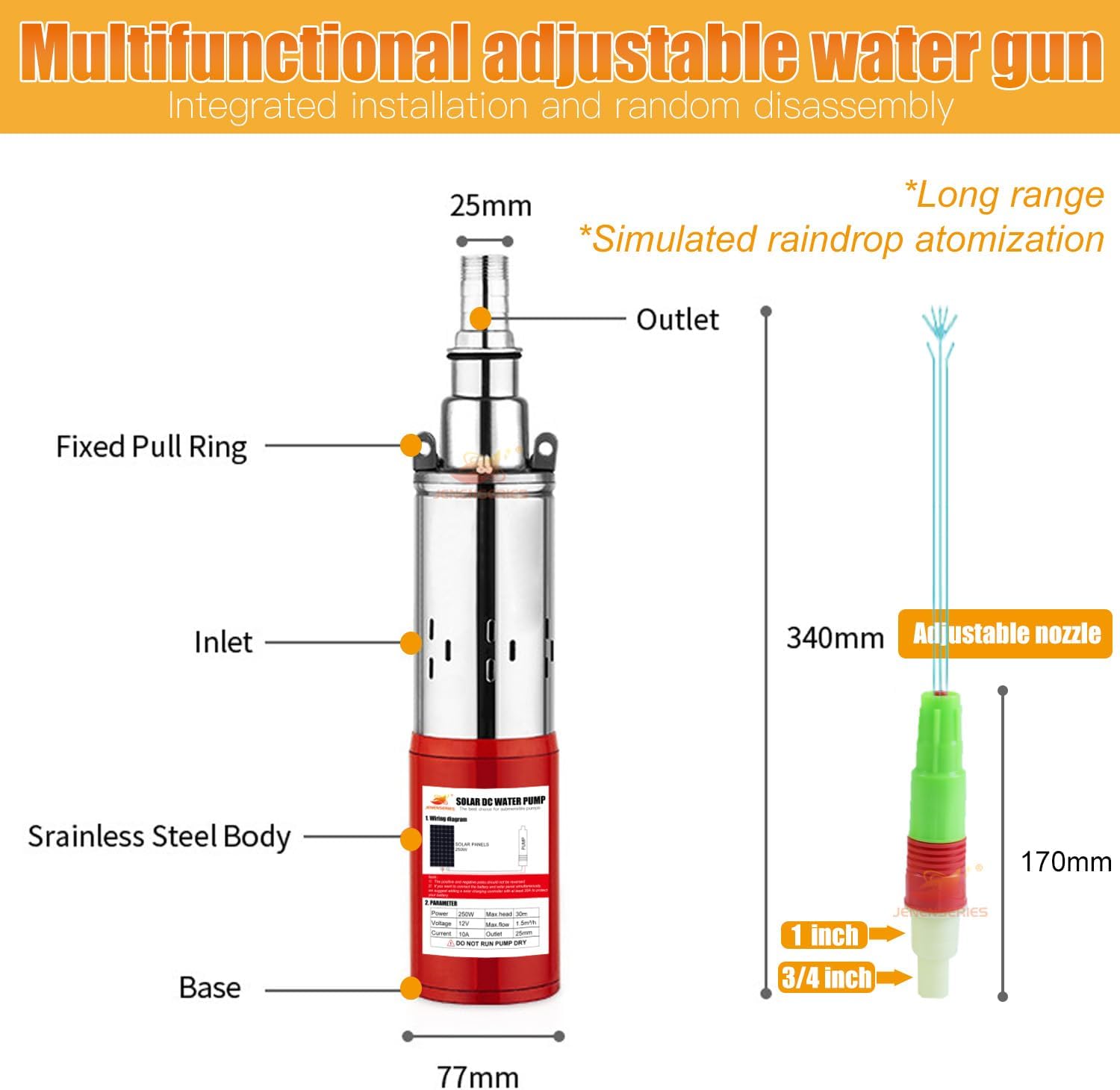 12V Deep Well Submersible Pump solar DC 250W Electric Powered Water Pump kits with 1" Outlet Screw Pump max.98ft Lift,396GPH Flow, for Irrigation Agricultural Garden Home