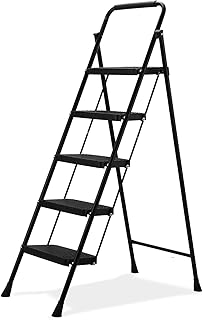 BOWEITI 5 Step Ladder, Lightweight Folding Step Stool with Wide Anti-Slip Pedal,Portable Sturdy Steel Ladder with Handrails,Foldable Ladder for Home Kitchen Library Office