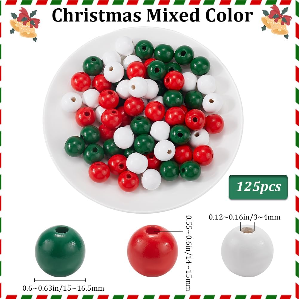 125Pcs Christmas Wood Beads Green Red White Round Wooden Beads Santa Craft Garland Bead Ornaments for Jewelry Making Bead Assortments DIY Necklace Bracelets Crafts Party Home Supplies Decor
