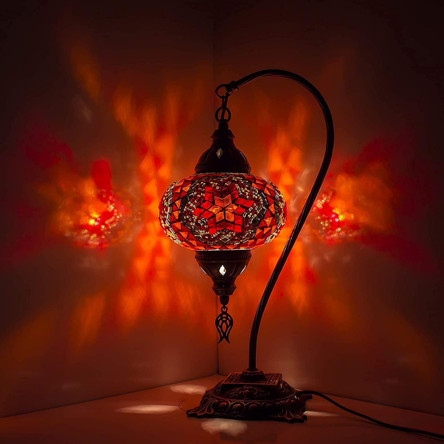 Turkish Moroccan Mosaic Swan Neck Table Lamp - Tiffany Style Bohemian Colorful Mosaic Bedside Night Lamp with Led Bulb (Red)