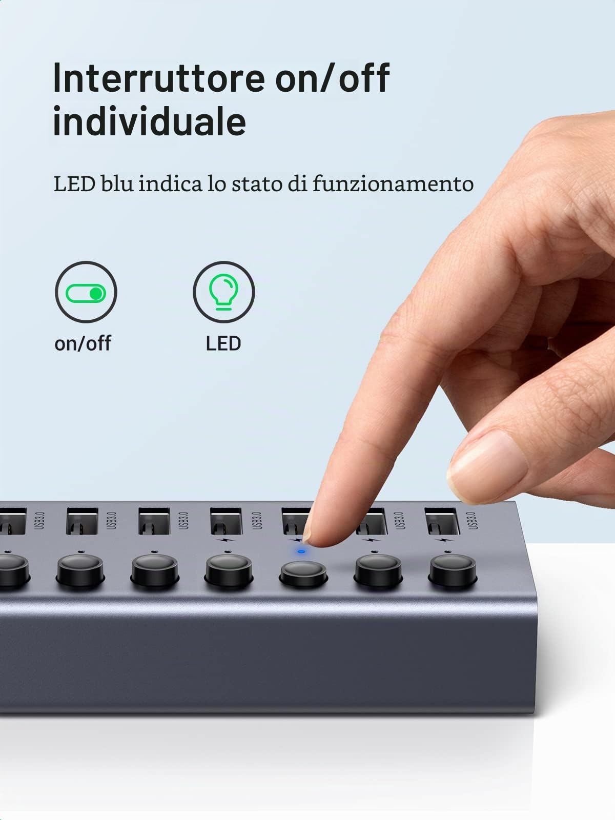 UGREEN Hub USB 3.0 Alimentato, 7 Porte, Interruttori Indipendenti e Alimentatore 24W (12V/2A), Ciabatta USB 3.0 per Ricarica e Trasferimento dati, in Alluminio