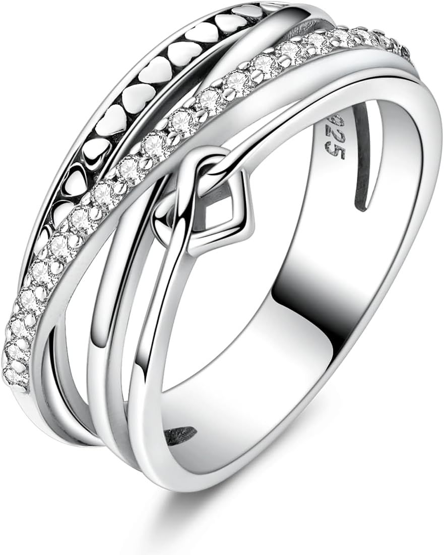 MULA S925 Sterling Silver Ring Multi-layered Interlaced Heart-shaped Band Ring for Women with CZ Cubic Zirconia Wide Finger Rings Costume Jewelry