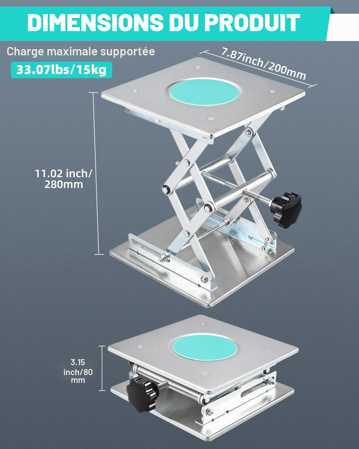 BOOMSTART Table élévatrice de laboratoire en acier inoxydable - Plateforme de levage de laboratoire - 200 x 200 mm - Support - Cric à ciseaux de laboratoire - Commande manuelle pour laboratoire - Cric