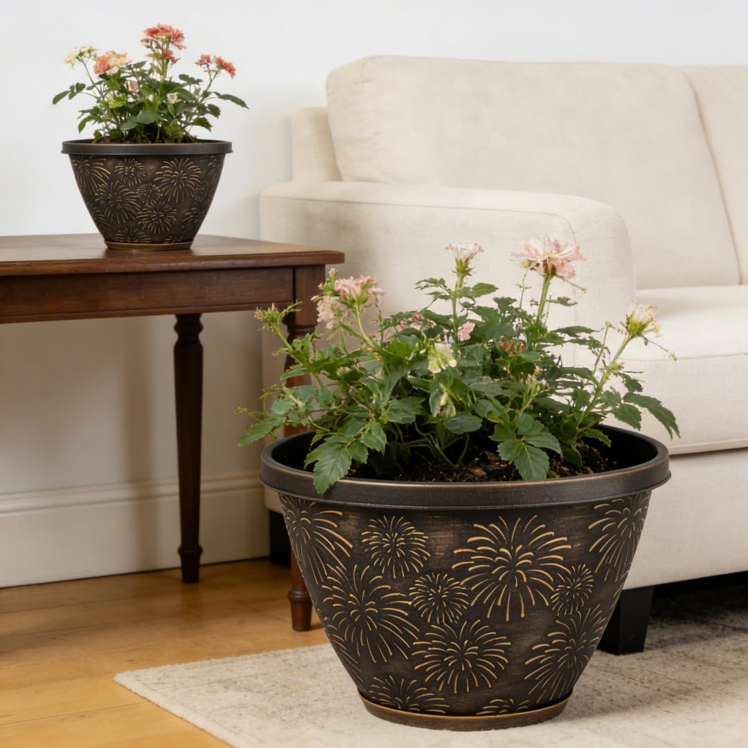 4 Pack 10 Inch Plant Pots with Drainage Holes and Saucers, Antique Gold Firework Embossed Resin Planters, Weather-Resistant Flower Pots for Indoor Outdoor Plants, Herbs, Pothos, Patio Home Decor