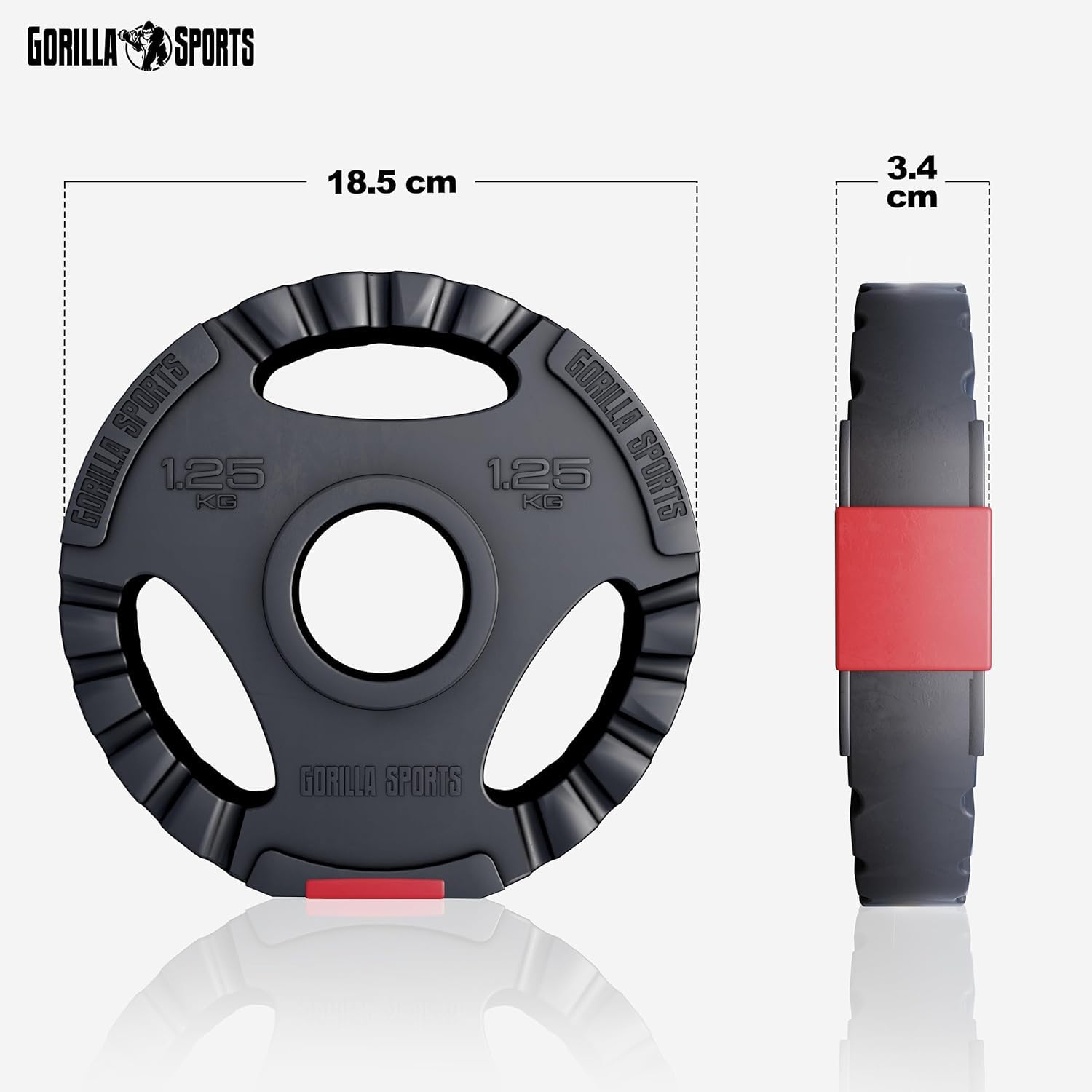 Gorilla Sports® Dischi Pesi Olimpici - 1,25kg, 2,5kg, 5kg, 10kg, 15kg, 30kg, Singolo/Set, Foro 50 mm, con Manico, Tri-Grip, Rivestiti in Plastica - Piastre per Bilancieri, Manubri, Palestra