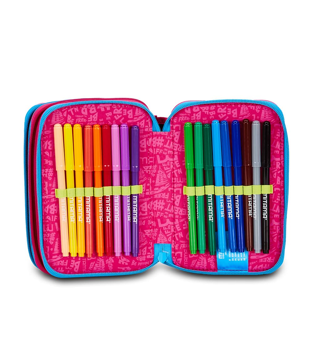 Mitama Estuche Escolar con 3 Compartimentos, Butterfly, Contenido 47 Piezas, Completo de lápices, rotuladores, portalápices Escuela Primaria niña, Rosa, Talla única, Butterfly