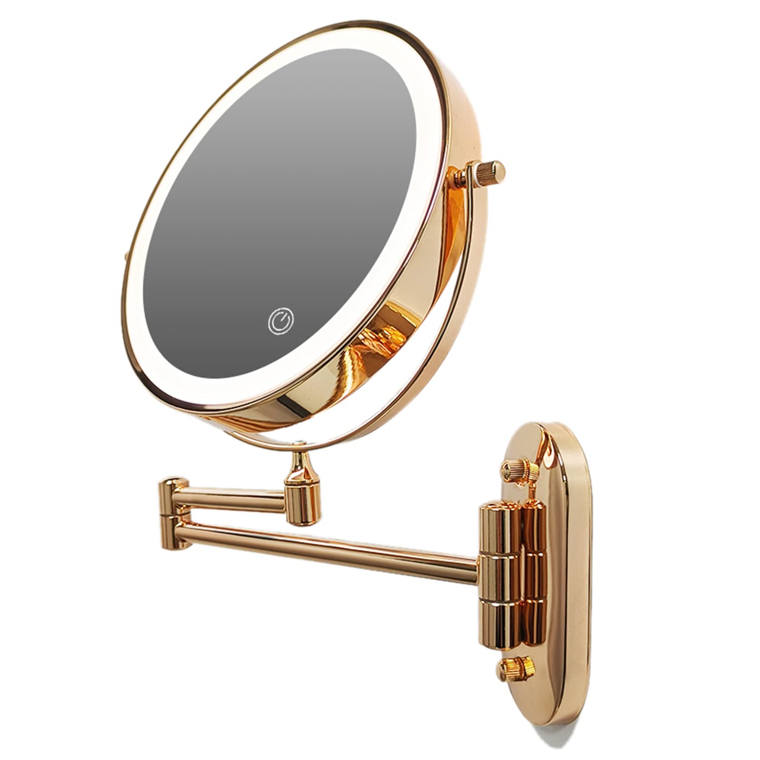 ZJBB Espejo Maquillaje Espejo Aumento x10, Doble Cara Espejo Pared de Baño con 3 Ajustes de luz, Espejo Tocador con luz Redondo Pantalla Táctil, Espejo Cosmético USB RecargableGold 10x