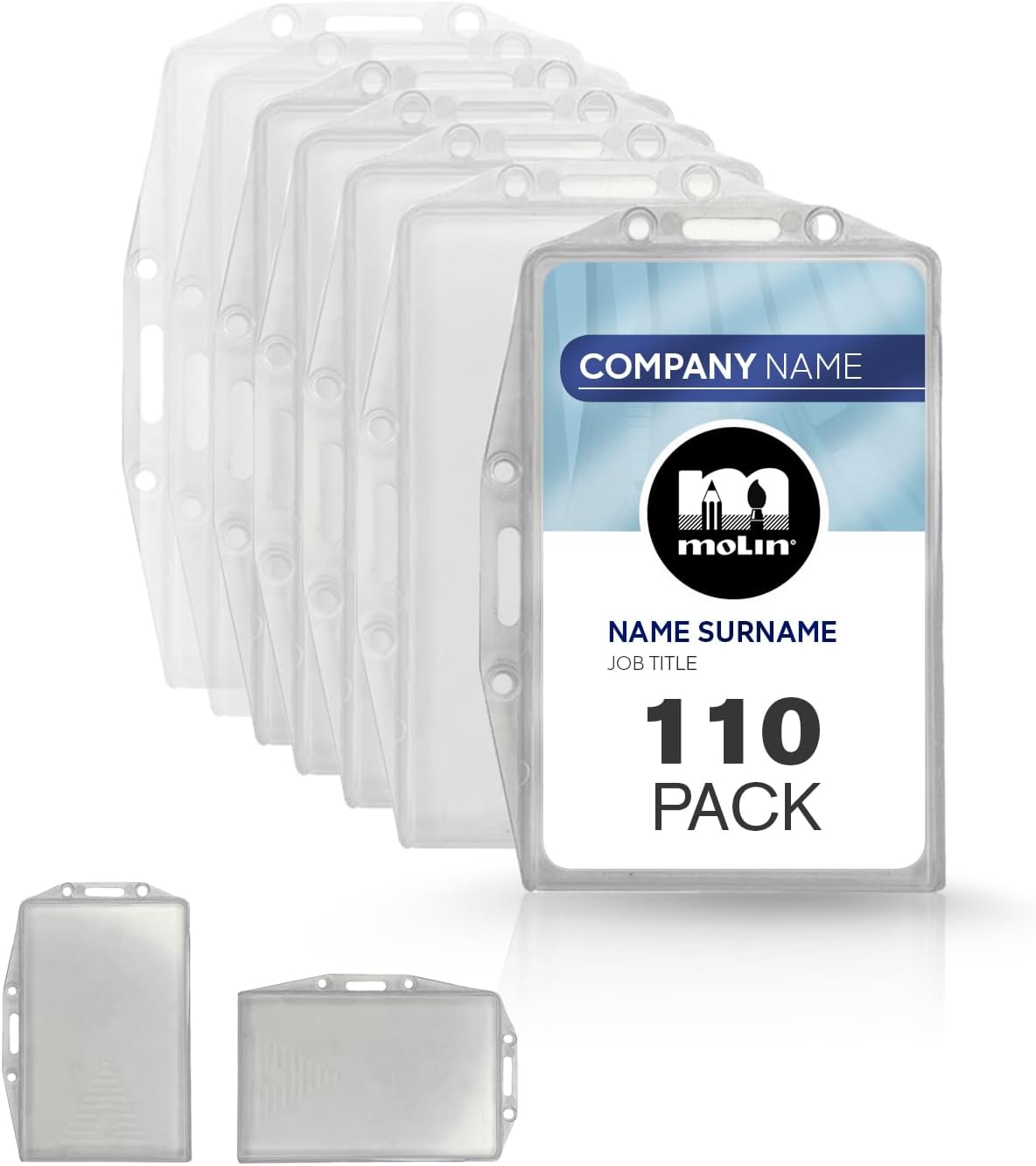 110 Pack - Molin Card Pod ID Badge Holder | Vertical and Horizontal Card Holder for Lanyard, Name Badge, Keycard, Access Card | Durable Clear ID Sleeve for Work, Office, Events & Identification