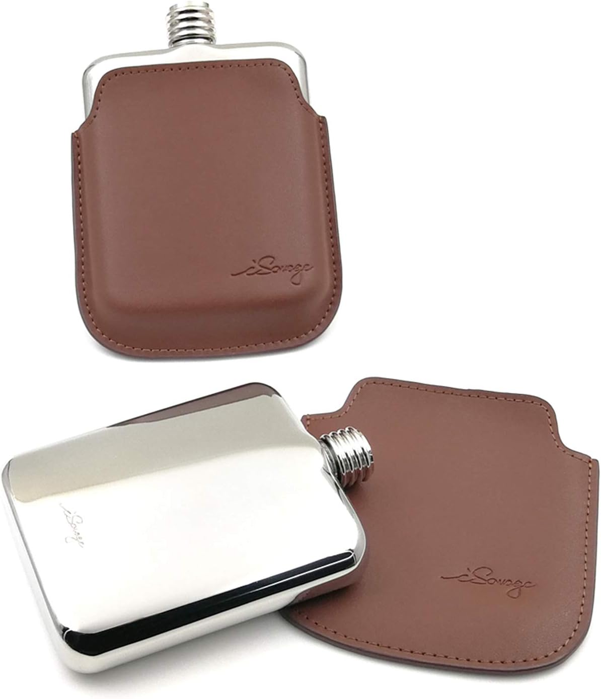 iSavage 6oz Mirror Finished Hip Flask with a Detachable Leather Pouch-YM607-1