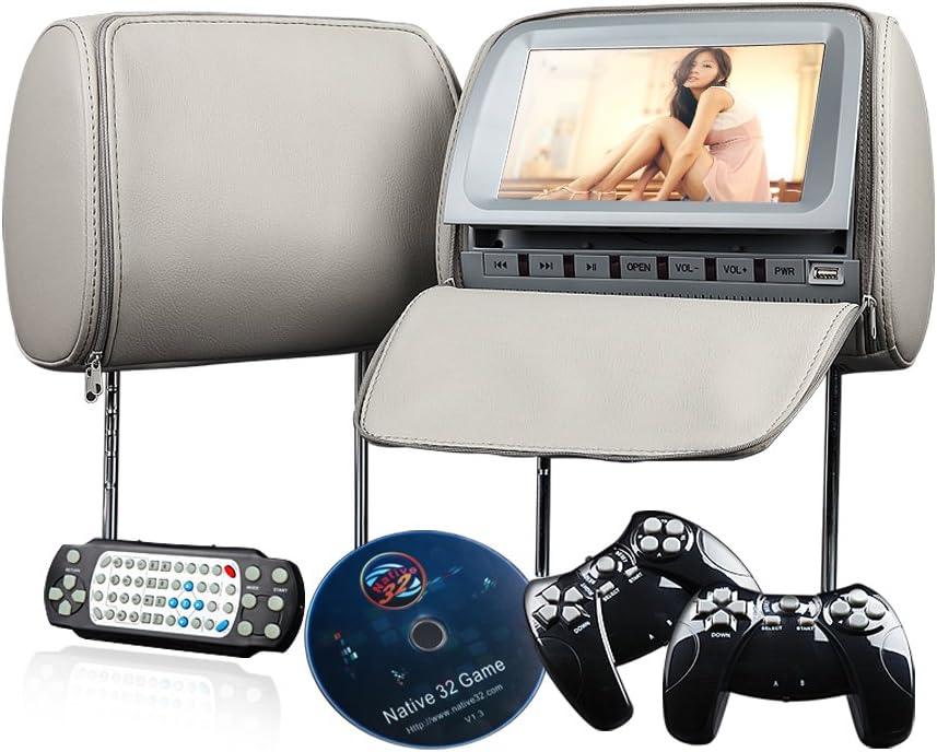 Eonon L0235Z Pair of Gray Leather headrests with Builtin 9