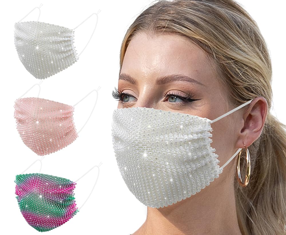 Auriviz 3 Pcs Multi Color Mesh Crystal Face Masks Designed Specifically for Teenage Girls and Adult Women Sparkling Glitter Decoration Suitable for Christmas Halloween Sequin Rhinestone Face Mask