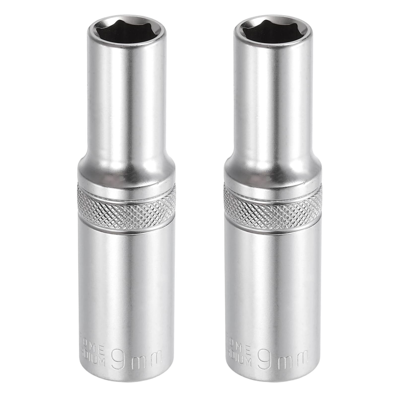 sourcing map 2pcs 6 Points Deep Socket 3/8" Drive 9mm Deep Metric CR-V Steel Polished Nickel Plating Impact Sockets 64mm / 2.5" Long Flip Sleeve Tool for Home Auto Nuts Bolts Repair