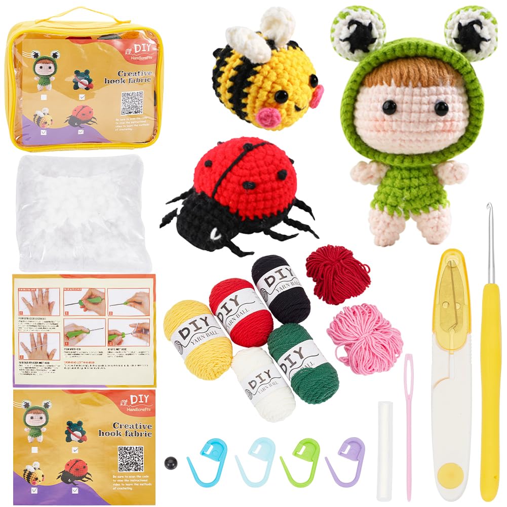 SUNNYCLUE Animal Complete Crochet Kit Cute Crocheting Kit Honeybee Ladybugs Lucky Starter Step-by-Step Video Tutorials Learn to Stitch 3D Knitting Crochet Amigurumi Kits for Adult Starters Beginners