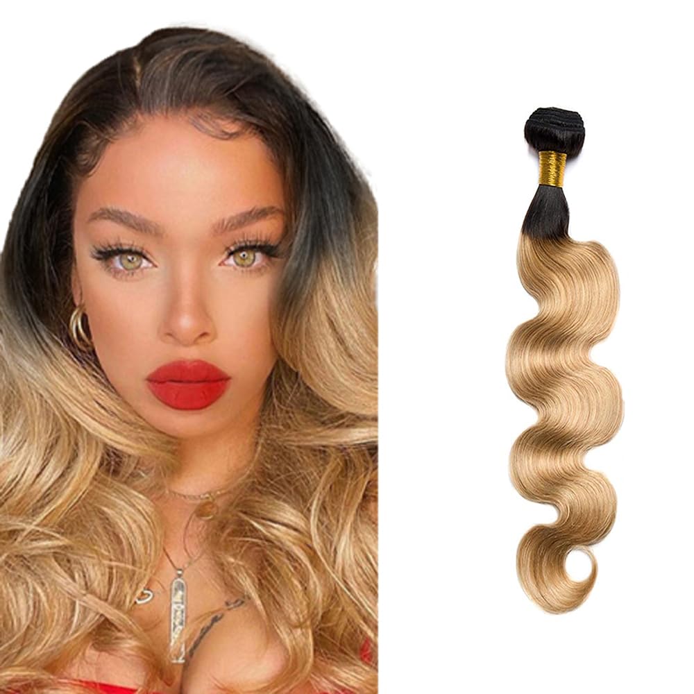 Lakaisa 1B/27 Black Root Honey Blonde Color Bundles Human Hair Body Wave Weave 1 Bundle 100g 26 Inch Unprocessed Glueless Virgin Double Weft Weave Human Hair Extension