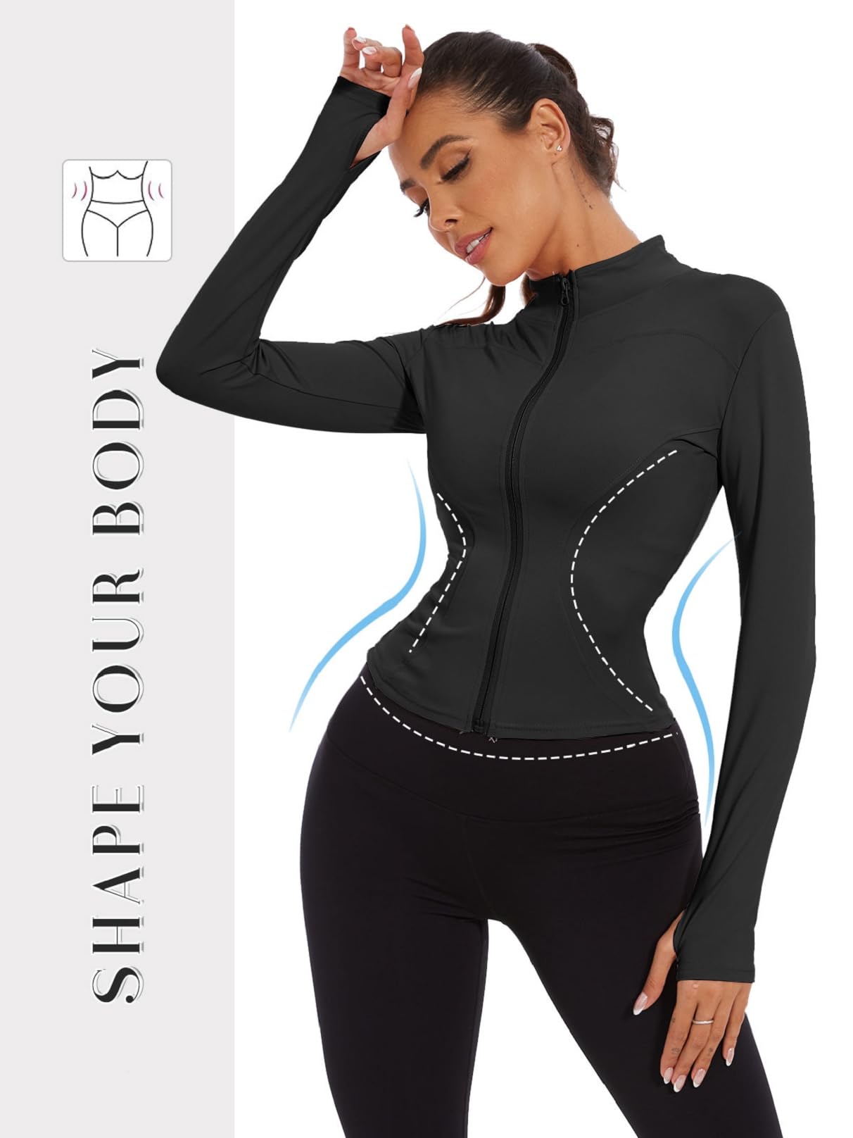 CheChury T-Shirt de Sport Femme Veste de Course à Manches Longues Sweat Respirant Léger Avec Fermeture Éclair Séchage Rapide Pour Yoga Fitness Running