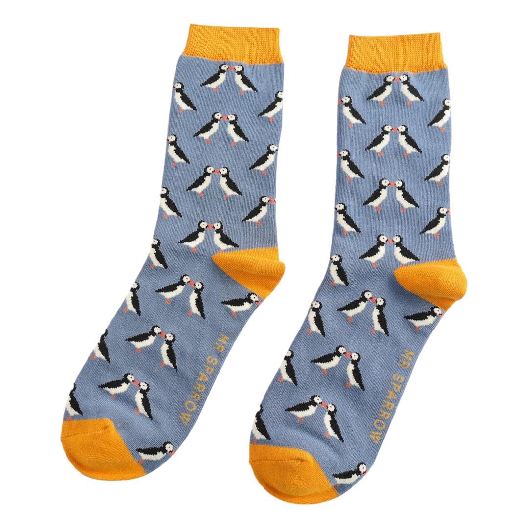 Mr Sparrow Kissing Puffins on Denim Blue Mens Novelty Ankle Socks Adult One Size