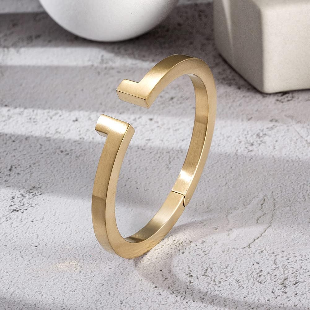 Jinbaoying Wistic Cuff Bracelet for Men Stainless Steel Metal and Spring-Clasp Gold Silver Black Plated Chunky Cuff Bangle Jewelry Gift (Mens Cuff Bangle (Gold)) - Image 3