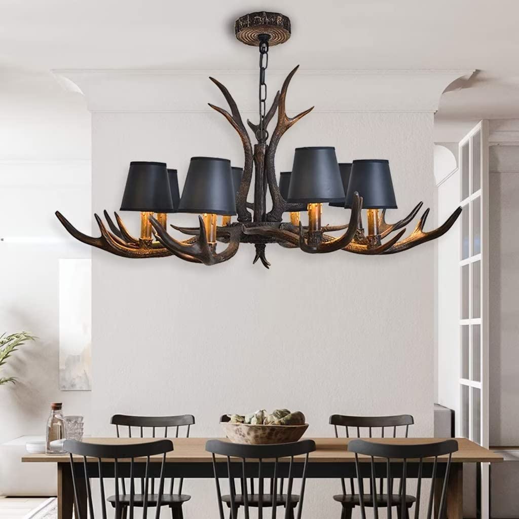 Lampade a Sospensione retrò in Resina con Corna di Cervo, Lampada da Tavolo da Pranzo Regolabile in Altezza, lampadario a Candela con Attacco E14 per Ristorante, Soggiorno, Lampada da Soffit