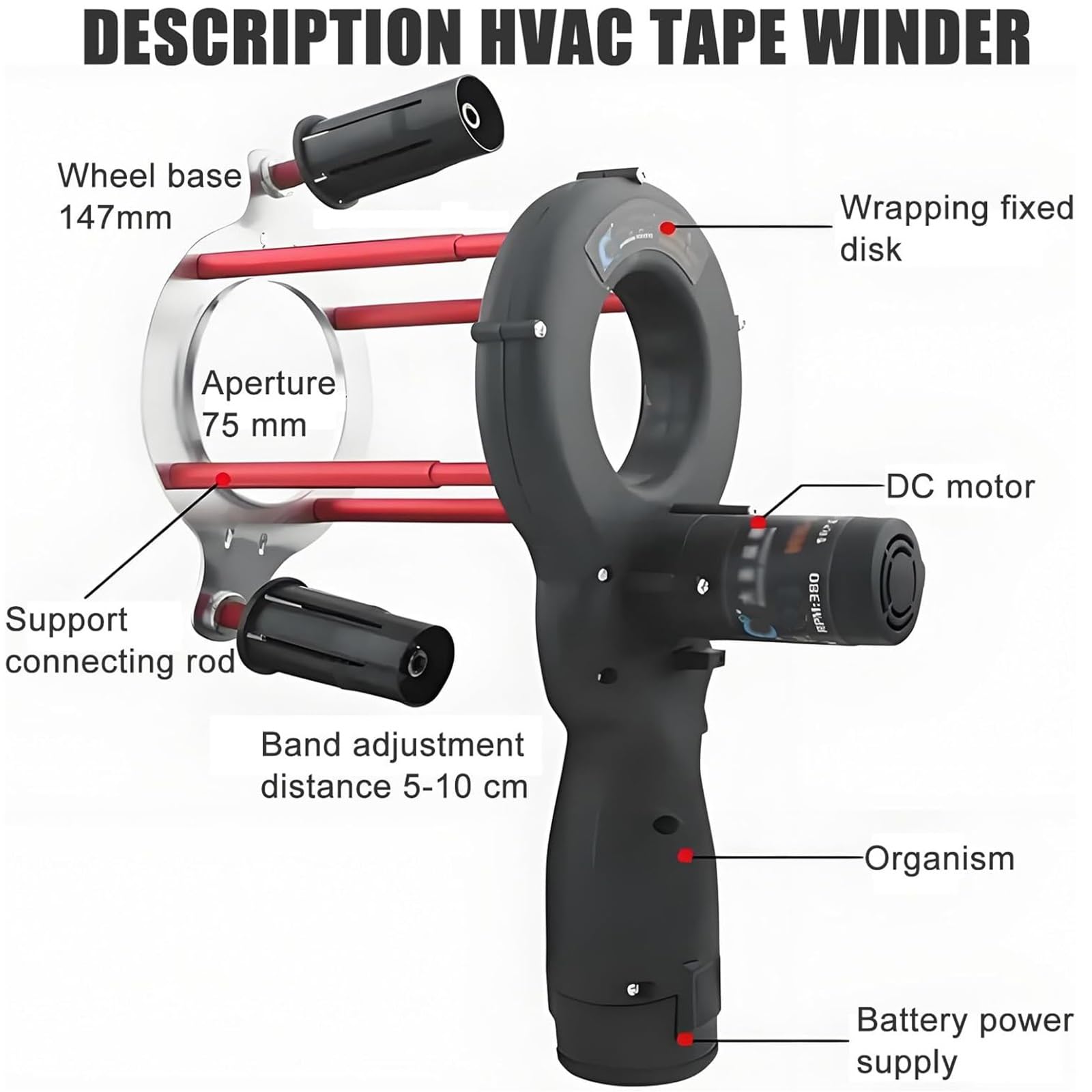 Machine D'emballage De Serre-Câbles électrique Professionnelle 12V 27W Vitesse Réglable 70-380 Tr/Min Charge Rapide Enrouleur Applications 30-70mm Pour Cvc Industrielles électriques