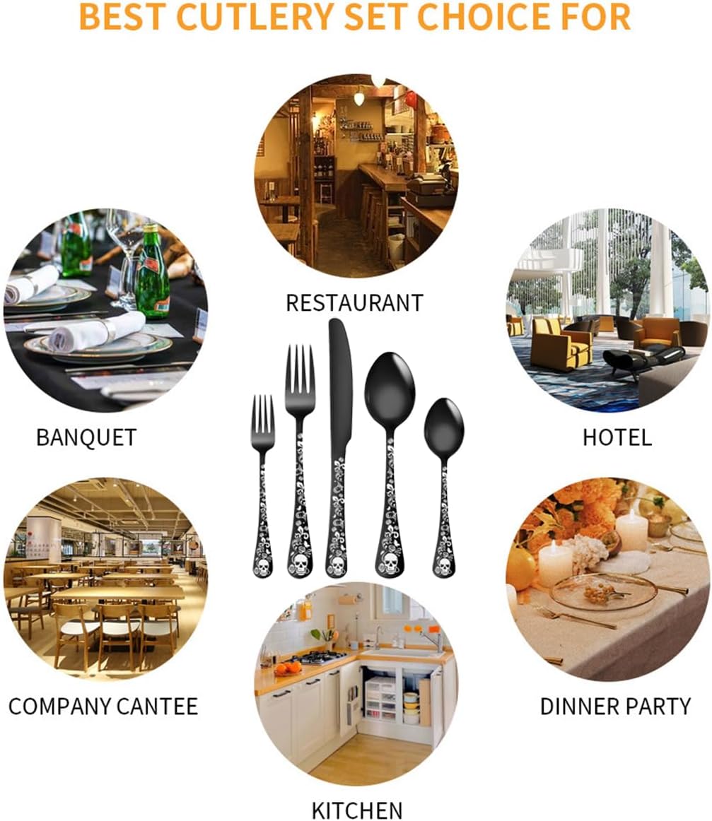 XIAOYU 20-Piece Bizarre Flatware Set, Gothic Skull Silverware Set for 4, Skeleton Flower Unique Pattern Design, Knives/Forks/Spoons Cutlery Set Halloween Event Tableware Utensils, Black