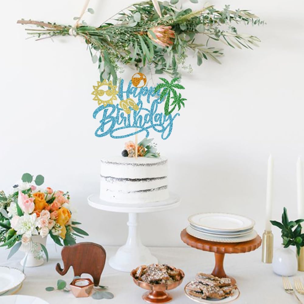 23 Decorazioni Per Torta A Tema Hawaiano | Fiori Ibisco, Foglie Palma E Palline Blu | Topper Aloha Per Compleanno, Baby Shower E Matrimonio