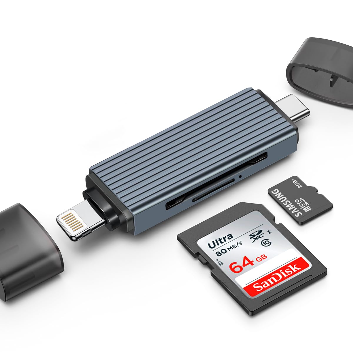 Kinsound 4 in 1 SD & TF Card Reader for iPhone with Type-C, Lighting Ports, Portable Memory Card Reader Compatible with TF, SD, SDHC, SDXC, MMC, RS-MMC, Micro SDXC for iPhone & Android Phone