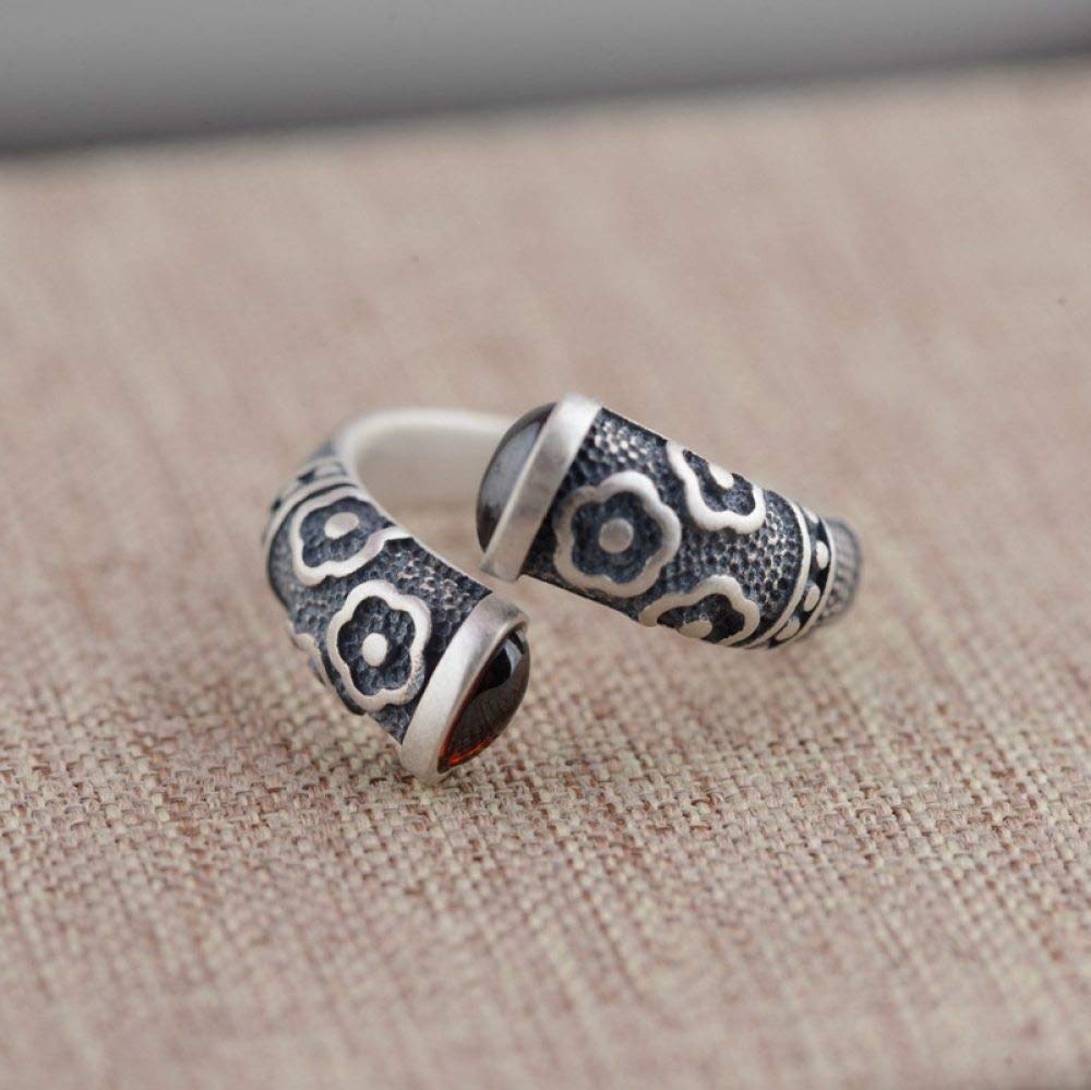 Einstellbare Ring Frauen,S925 Sterling Silber Retro Distressed Flowers Eingelegte Rote Zirkonia Ethnische Verstellbare Open Knuckle Schwanz Ring Finger Joint Zehenring Schmuck Für Frauen Mädchen G