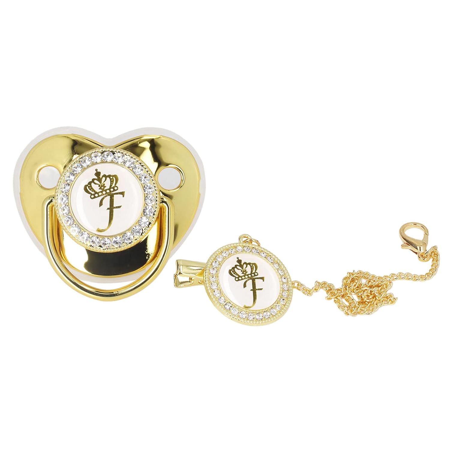 Golden Letter Baby Pacifier, Personalized Bling Pacifier with Pacifier Clips and Anti-Dust Cover for Baby Shower Newborn Birthday Photography (F)