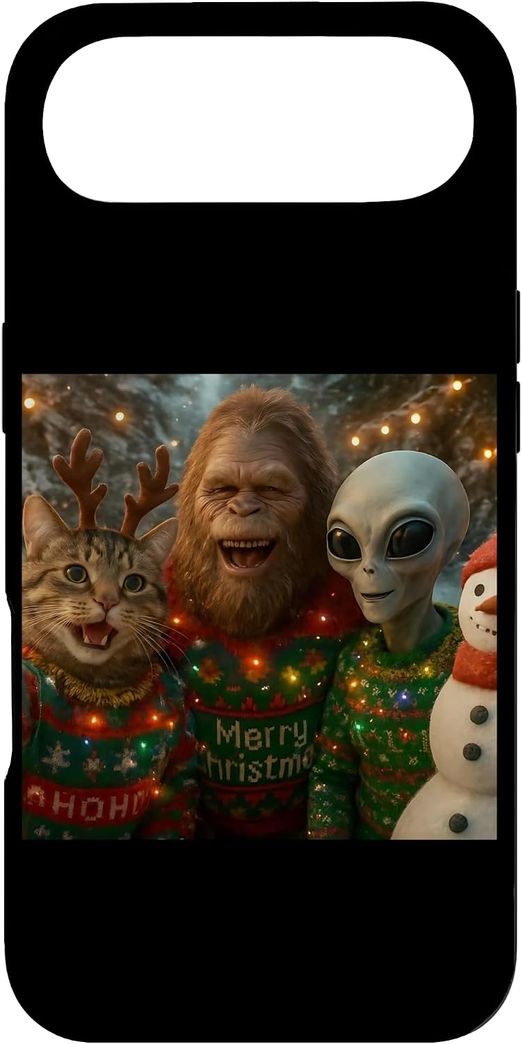 Funny Christmas Cat Selfie with Bigfoot Alien Ugly Sweater Case for iPhone Air
