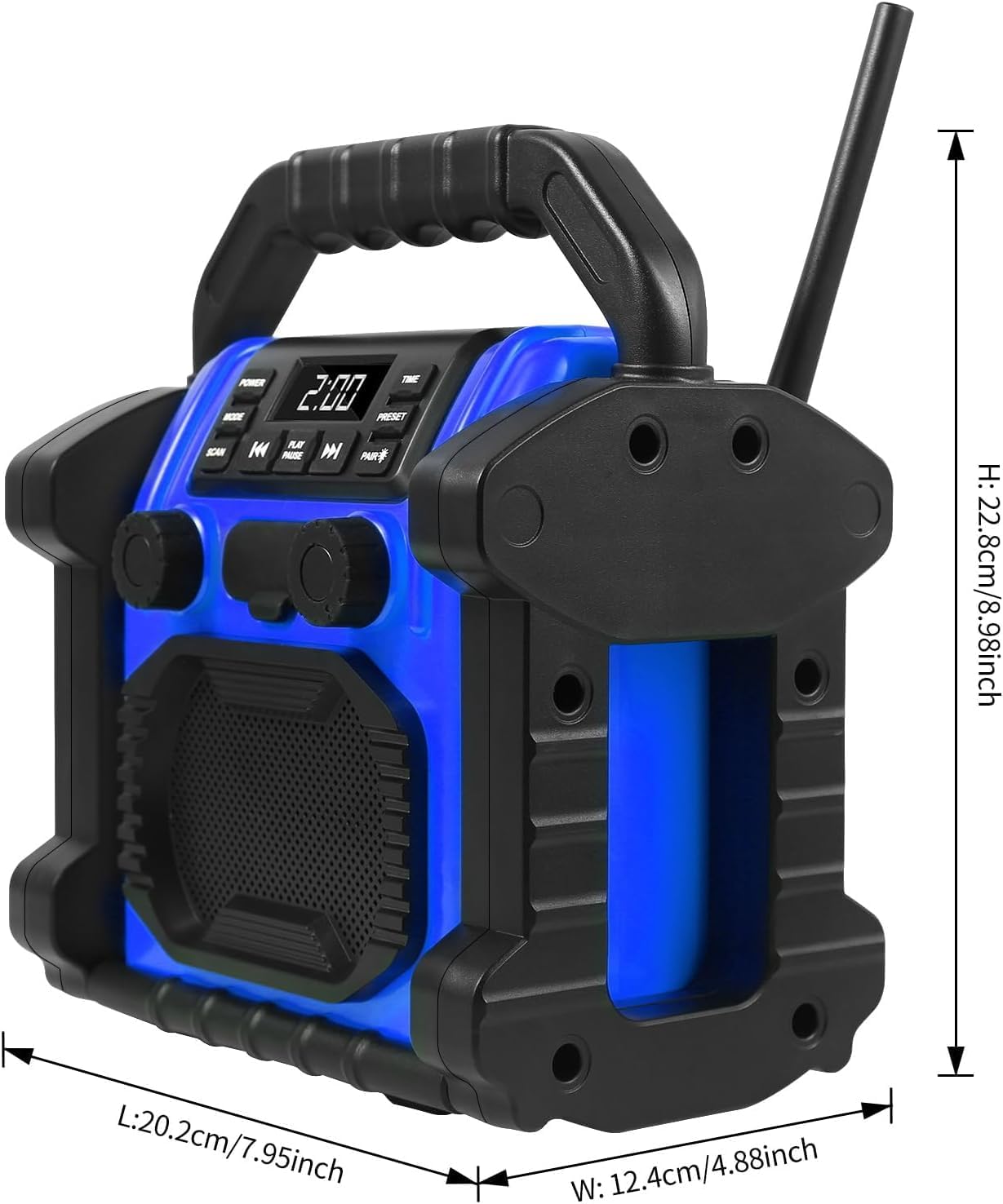 Jobsite Radio Bluetooth Speaker, 8000mAH Battery, IPX 66 Waterproof, Cell Phone Charging, Portable Jobsite Speaker with LED Lights, Portable Worksite Speakers for Outdoor/Work/Garage (Blue)